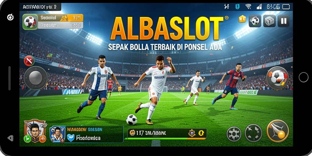 Tangkapan layar utama ALBASLOT menampilkan aksi sepak bola yang mendebarkan.