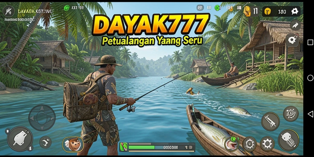 Tampilan gameplay epik dari DAYAK777 saat memancing di danau.