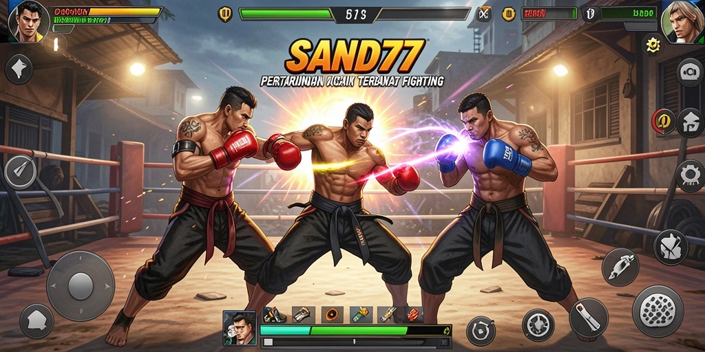 Screenshot SAND77 menampilkan aksi pertarungan seru antara karakter-karakter unik.